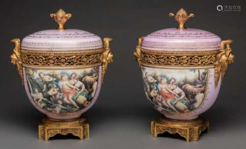 LARGE PAIR OF SEVRES-STYLE PORCELAIN AND GILT BRONZE