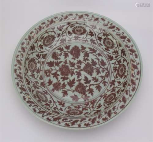 CHINESE PORCELAIN RED UNDER GLAZED FLOWER CHARGER