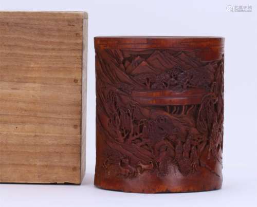 CHINESE BAMBOO CARVED MOUNTAIN VIEWS BRUSH POT