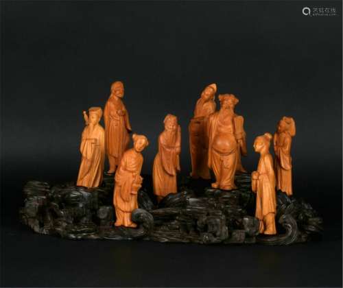 CHINESE BOXWOOD EIGHT IMMORTALS ON ROSEWOOD BASE