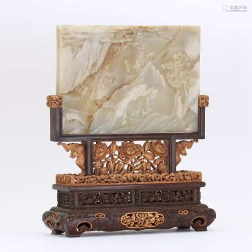 CHINESE WHITE JADE PLAQUE HARDWOOD BOXWOOD TABLE SCREEN