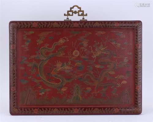 CHINESE RED LACQUER DRAGON WALL SCREEN QING DYNASTY