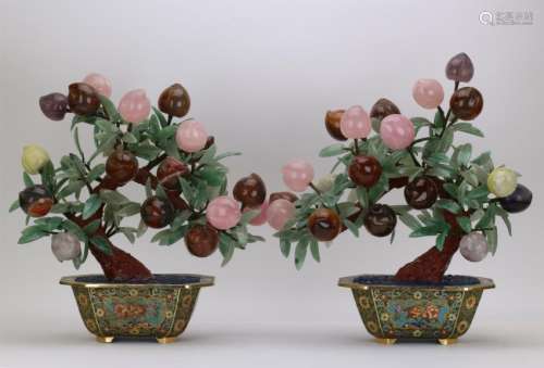 PAIR OF CHINESE ROCK CRYSTAL PEACH BENSAI IN CLOISONNE