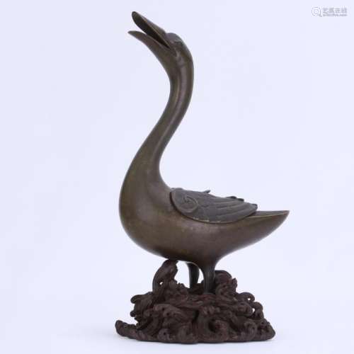 CHINESE BRONZE DUCK INCENSE CAGE ON HARDWOOD BASE