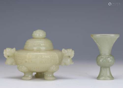 TWO CHINESE WHITE JADE CARVED LIDDED CENSER AND GU VASE