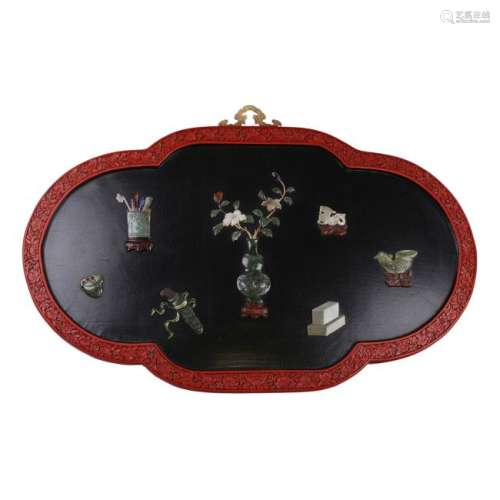 CHINESE GEM STONE INLAID CINNABAR LACQUER WALL PLAQUE