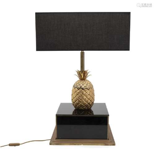 French table lamp in brass, glass and fabric lampshade,