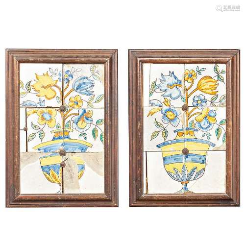 Pair of Catalan panels of six tiles with flowery vases,