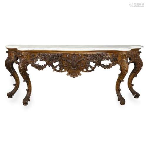 Large Rococo-style console in carved walnut and marble