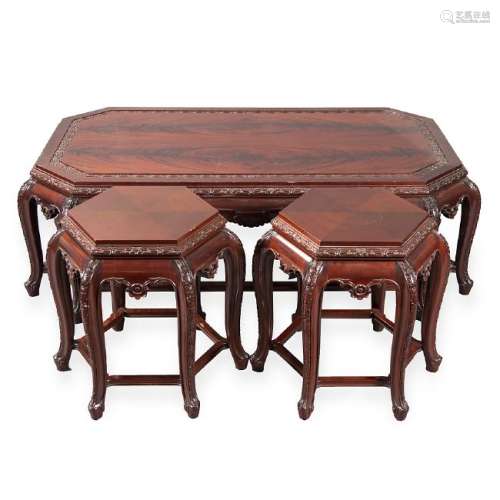 Chinese table and pair of side tables set in carved