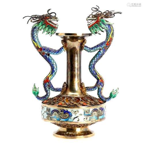 Chinese vase in enamelled silver with glass inlays, mid