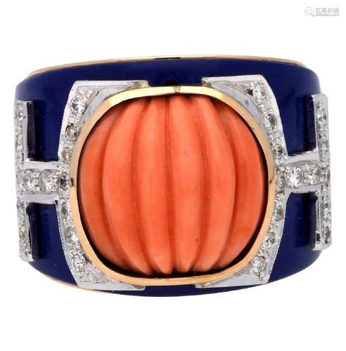 Ring with coral and diamonds.