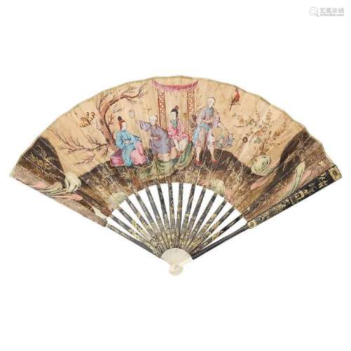 Chinese fan in lacquered wood with leaves in gouache