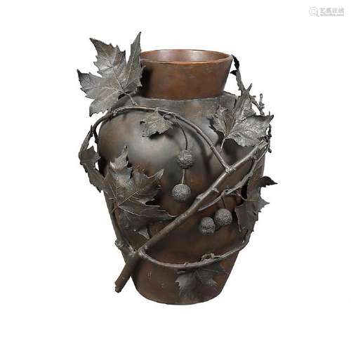 Vase with banana branches in patinated copper, early