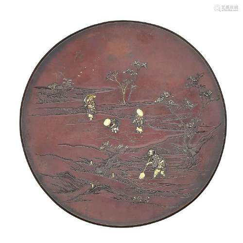 Japanese dish in bronze with gold, silver and bronze