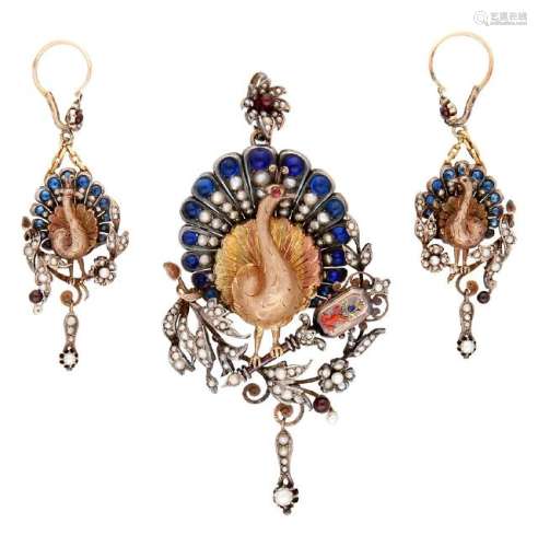 Brooch-pendant and earrings set in the shape of a