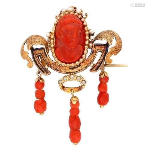 Gold and coral brooch and earrings set, 19th Century.