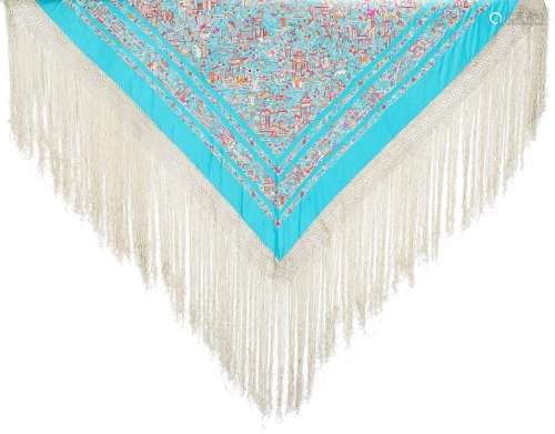 Manila shawl in embroidered silk with chinoiseries,