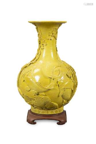 Chinese vase in yellow porcelain with relief