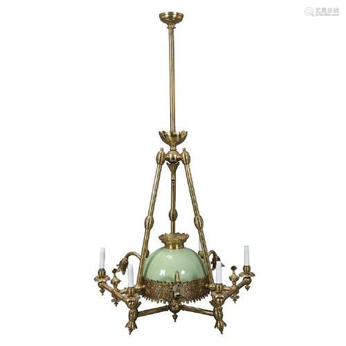 Gas ceiling lamp in brass and opal glass, late 19th