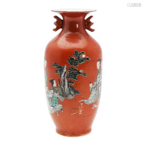 Chinese vase in Republic porcelain in coral colour,