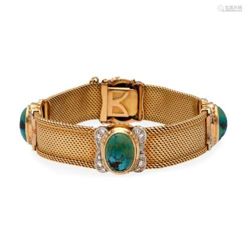 Turquoises and diamonds bracelet, mid 20th Century.