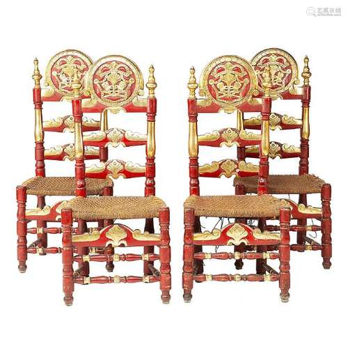 Set of four 18th-Century-style chairs in carved,