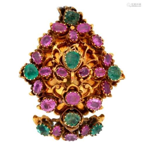 Turban brooch with emeralds and rose sapphires.