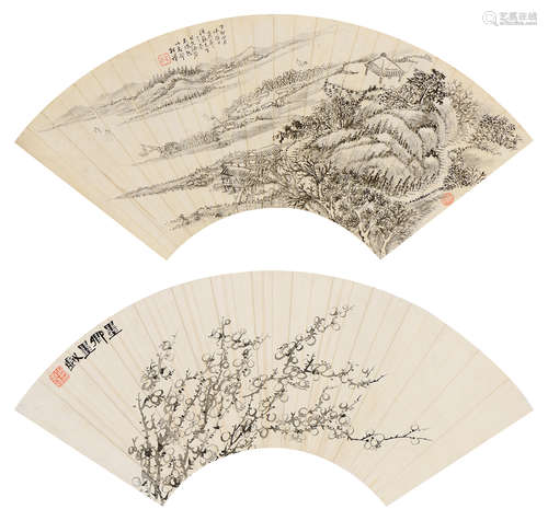 翁同龢(1830-1904) 山水 伊秉綬(1754-1815) 墨梅  丁卯(1867年) 扇頁兩幅 水墨紙本