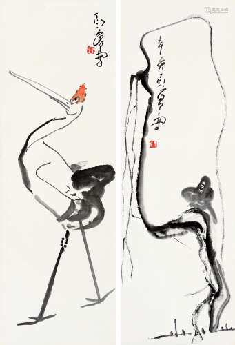 丁衍庸 仙鶴、柳雀 (一組兩件) (1902-1978) 辛亥(1971年) 鏡心兩幅 設色紙本