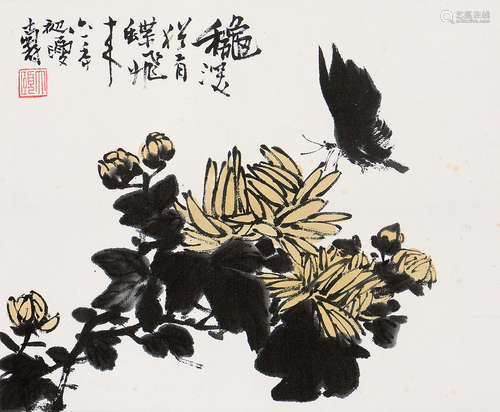 潘天壽 黃花飛蝶 (1897-1971)  立軸 設色紙本