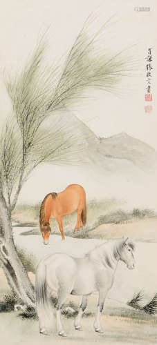 張啟宗 柳溪雙駿 (1899-1958)  立軸 設色紙本