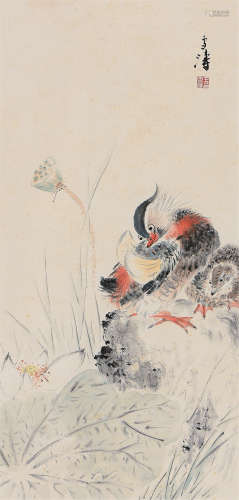 王雪濤 荷塘鴛鴦 (1903-1982)  立軸 設色紙本