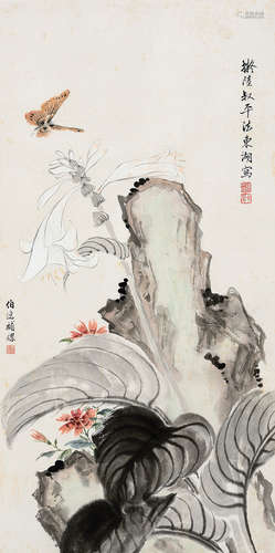 陳咸棟(1898-1962)、馬  晉(1899-1970)合作 花石蝴蝶 立軸 設色紙本