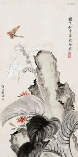 陳咸棟(1898-1962)、馬  晉(1899-1970)合作 花石蝴蝶 立軸 設色紙本