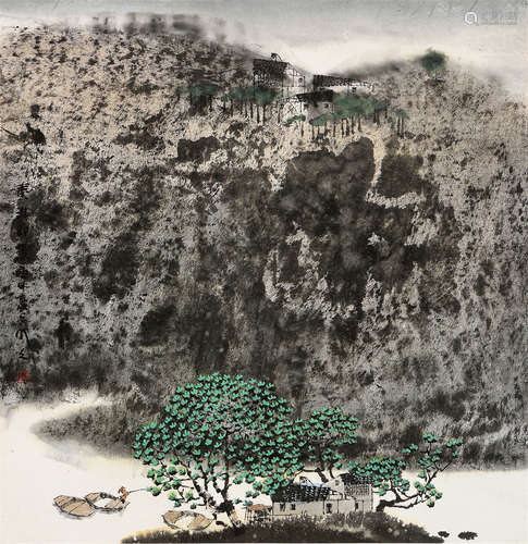 李明久 秦淮即景 (b.1939) 庚午(1990年) 立軸 設色紙本