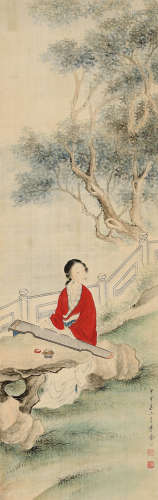 李鳳公 操琴圖 (1884-1976) 甲申(1944年) 立軸 設色絹本