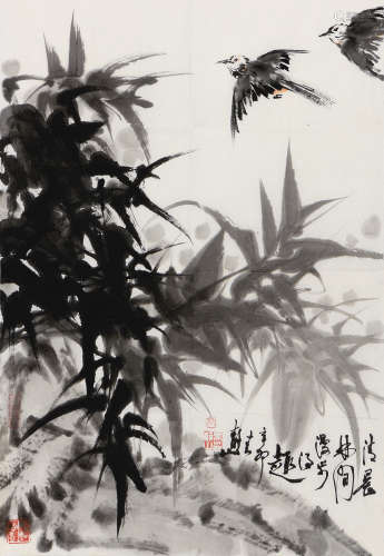 吳靜山 林間得趣 (b.1943) 辛未(1991年) 鏡心 水墨紙本