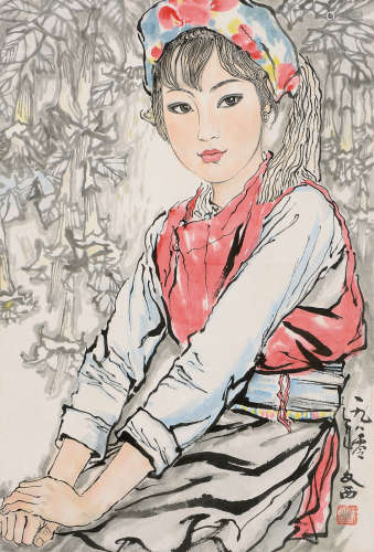 劉文西 白族少女 (b.1933) 庚申(1980年) 立軸 設色紙本