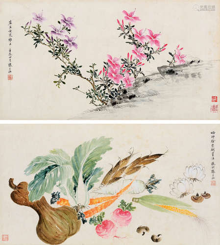 張大壯 花卉 (一組兩件) (1903-1980)  鏡心兩幅 設色紙本