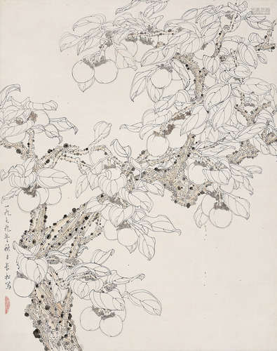 張長松 白描秋柿圖 (b.1933) 己未(1979年) 立軸 設色紙本