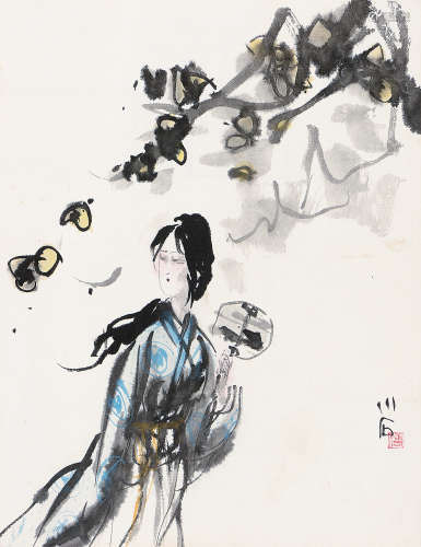 傅小石 持扇仕女 (b.1932)  立軸 設色紙本
