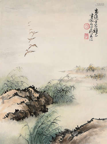 容漱石 蘆雁 (1907-1993)  鏡心 設色紙本