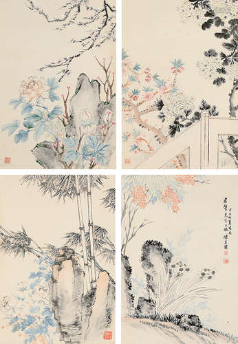 陳其梁 花卉屏 (1861-?) 甲子(1924年) 立軸四屏 設色紙本