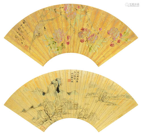 任  薰(1835-1895)  花鳥、吳大澂(1835-1902) 吳大澂(1835-1902)  山水 扇頁兩幅 設色金箋