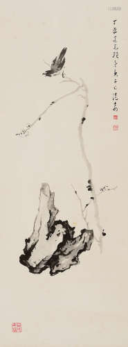 司徒奇 梅石鳴禽 (1907-1997) 庚子(1960年) 立軸 水墨紙本