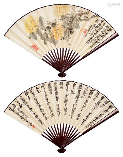 吳  敭 菊花、行書 (1882-1958) 癸巳(1953年) 成扇 設色紙本