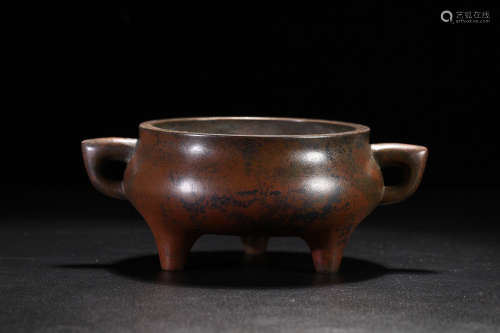 17-19TH CENTURY, A DOUBLE-EAR OLD BRONZE CENSER, QING DYNASTY