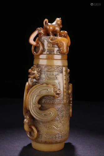 AN AUSPICIOUS ANIMAL DESIGN DOUBLE-EAR SHOUSHAN STONE BOTTLE