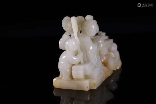 18-19TH CENTURY, A STORY DESIGN OLD HETIAN JADE ORNAMENT, LATE QING DYNASTY